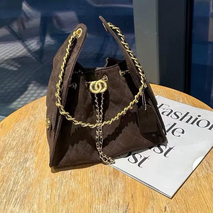 Women's Genuine Leather Hobo Bag - Caviar Grain, Suede, Diamond Pattern, Chain Drawstring