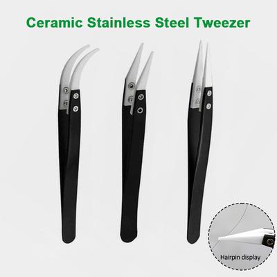 Schwarzer Griff Keramik Edelstahl Pinzette Gerade & Gebogene Spitze Säure- und Laugenbeständig Isolierend Klemmwerkzeuge