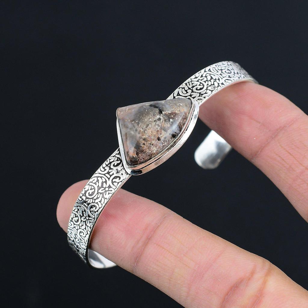 925 Sterling Silver Trillion Dendrite Tiger Gemstone Handcrafted Artisan Bangle