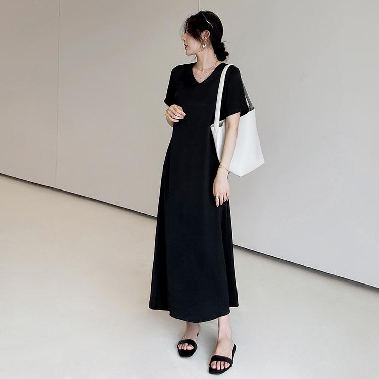 

Dimanaf 2025 Летнее платье больших размеров для женщин, повседневное, свободное, винтажное, длинное, с V-образным вырезом, базовое, с коротким рукавом, платье макси 3XL чёрный