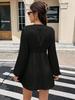 European & American Women's V-neck Lantern Sleeve Short Casual Dress with Waist-cinching Lace-up