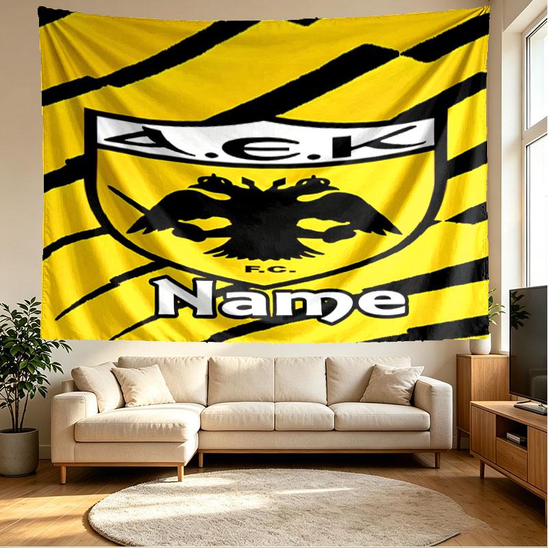Benutzerdefinierter Name Personalisierte AEK Athen FC Druck Wandteppich, Wandkunst Dekor, Schlafzimmer, Studentenwohnheim, Wohnung, Wohnzimmer, Party-Hintergrund, Geschenk zum Geburtstag