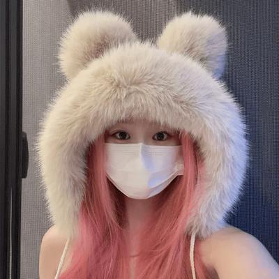 Women Winter Warm Kawaii Fox Fur Imitation Mink Plush Hat Thickened Cute Bear Ear Japanese Bomber Hat Ear Protection Cap