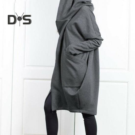 Sweat-shirt à capuche à manches longues pour femme, manteau à fermeture éclair, grandes poches, faux deux pièces, couleur unie, veste à capuche mi-longue