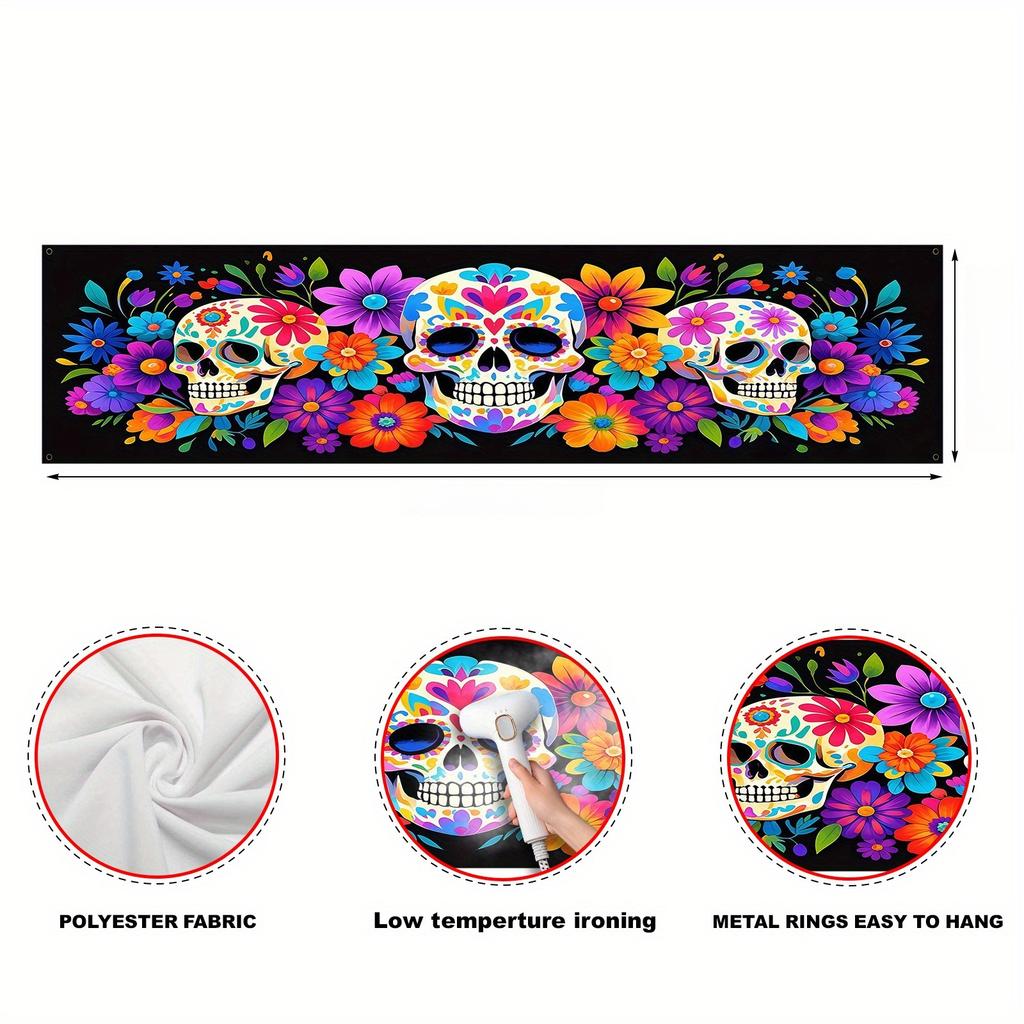 1Pcs Day of The Dead Sugar Skull Banner Floral Pattern Dia De Los Muertos Outdoor Patio Halloween Party Wall Decor