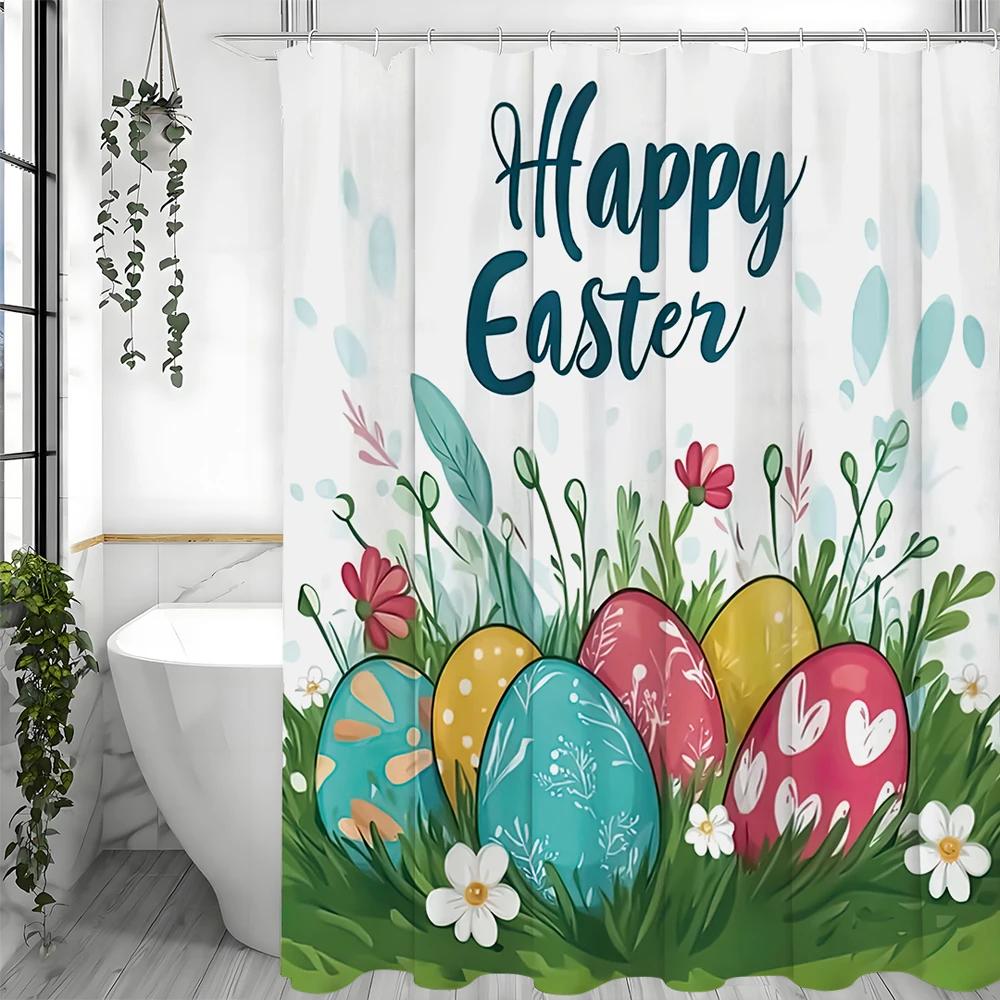 Happy Easter Eggs Floral Shower Curtain, Bathroom Decorative Shower Curtain, Waterproof Shower Curtain with Hooks