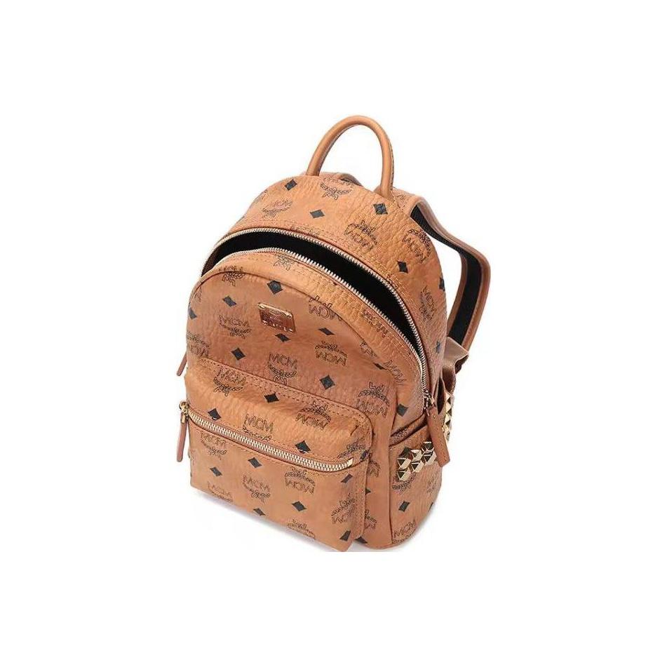 MCM Stark Side Studs Mini Backpack Cognac Visetos Monogram with Studded Straps for Daily & Travel Use