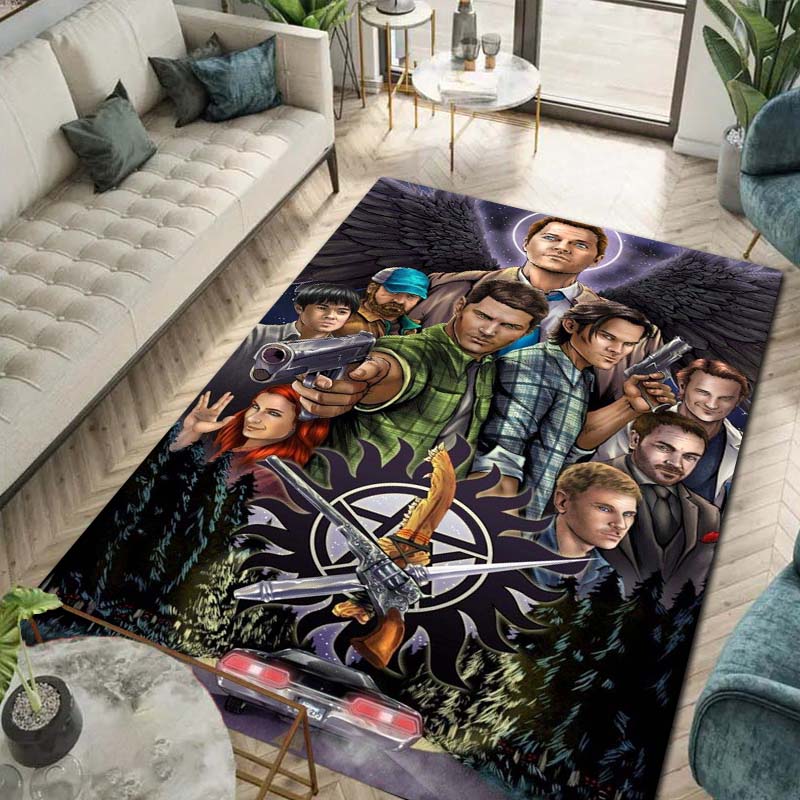 Supernatural TV Show Print Flannel Area Rug Non‑Slip Soft Floor Mat For Sofa Bedroom Game Room Living Room Home Decor Gift