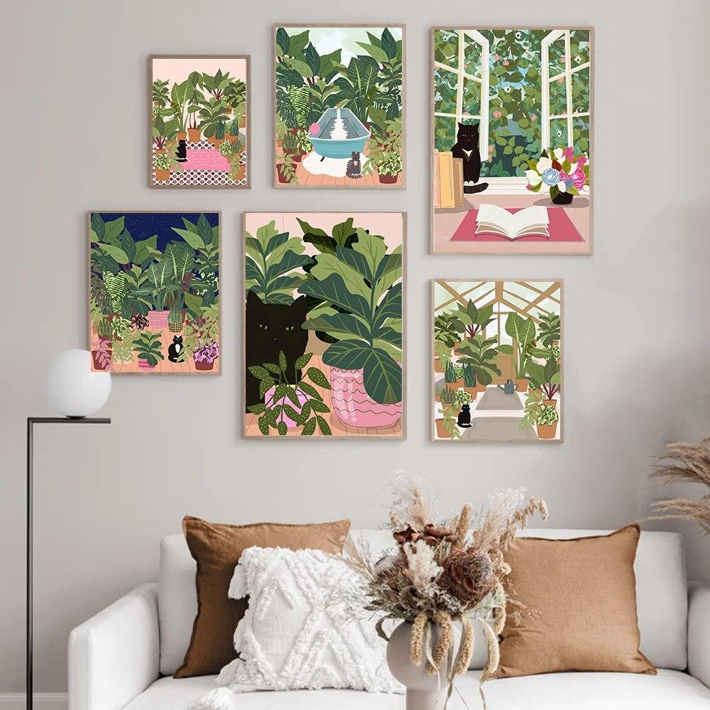 Poster Cartone Gatto Nero e Piante Arte da Parete Nordica Pittura su Tela Stampe per Bagno Esterno Immagini Divertenti per Bagno Decorazione Casa Senza Cornice