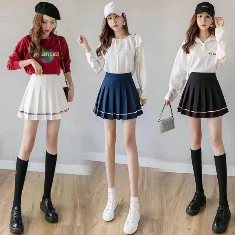 Striped Extra Long Safety Shorts Pleated Skirt - JK Uniform Half Body Skirt for Spring and Summer