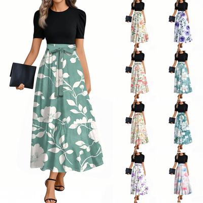 Women's Elegant Fashion Floral Print Belted Short Sleeve Round Neck Splicing Casual Dress