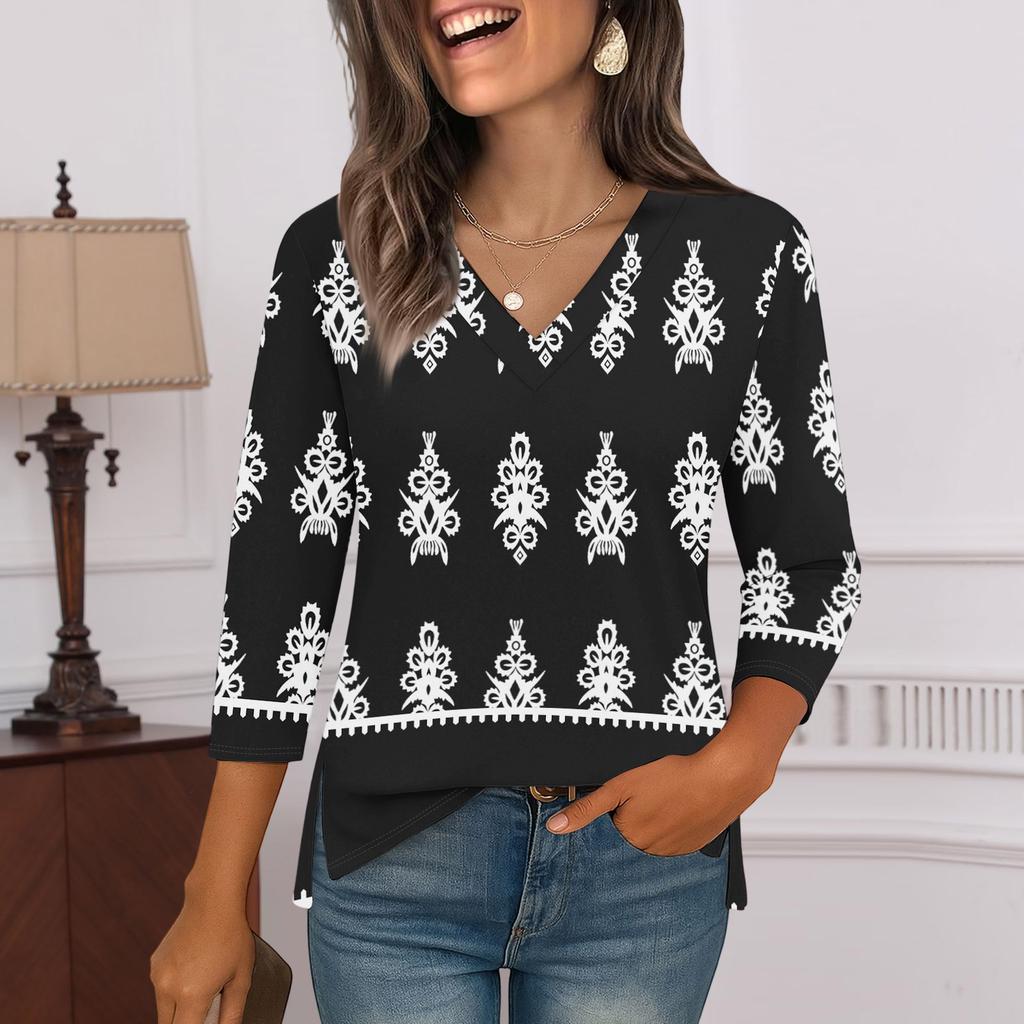 3/4 Sleeve Shirts For Women  Print Graphic Tees Blouses Casual Plus Size Basic Tops Pullover