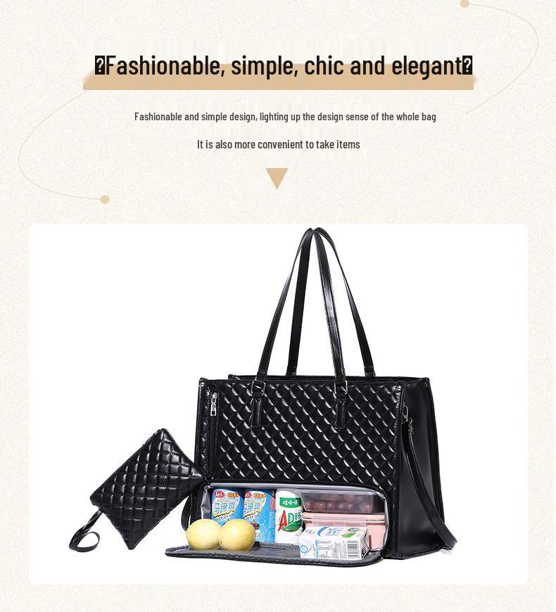 Insulated Black Diamond Lunch Bag with Handle & Shoulder Strap for Work or Picnic