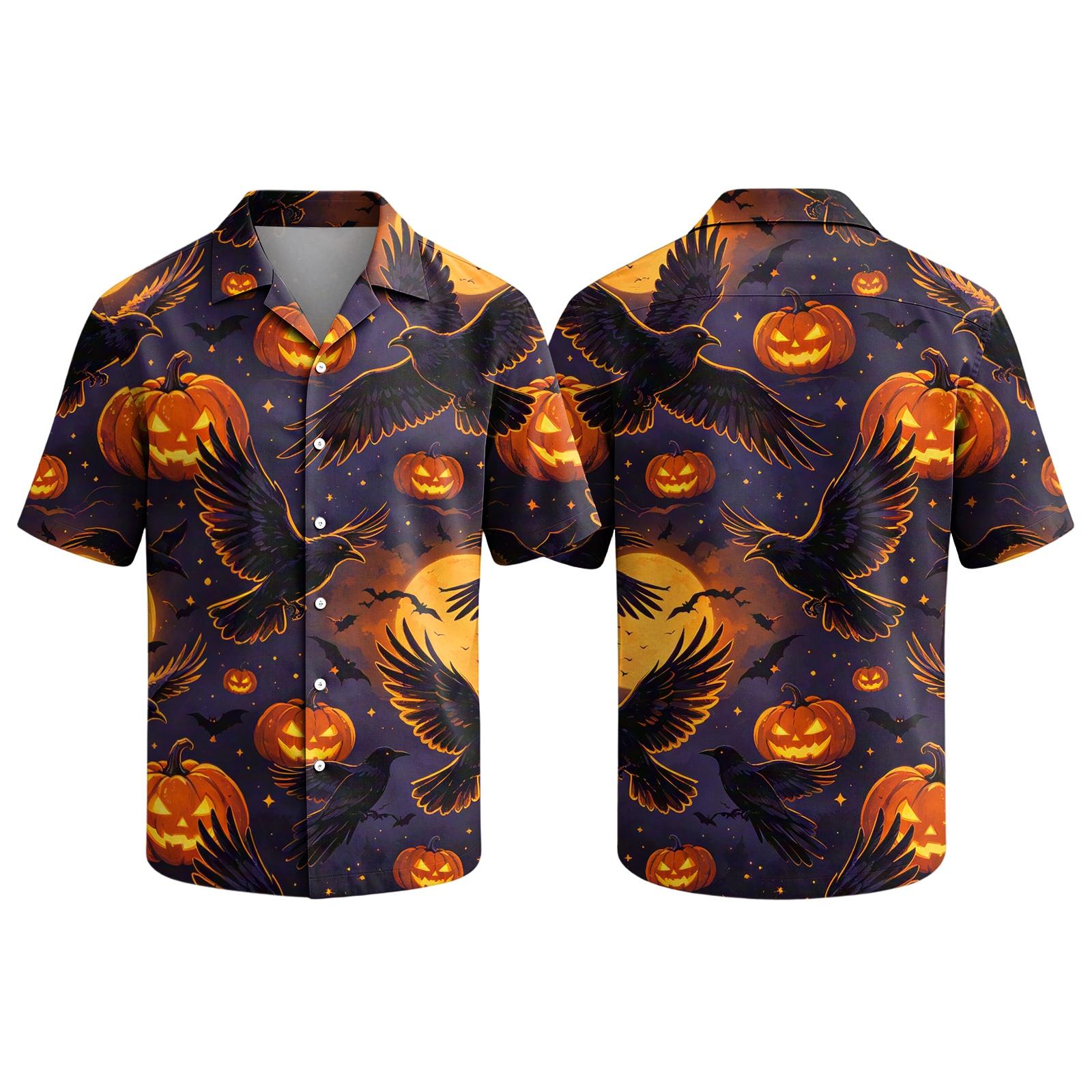 Men s Casual Short Sleeve Button Up Shirt Halloween Graphic Print Camp Collar Relaxed Fit Top L синий