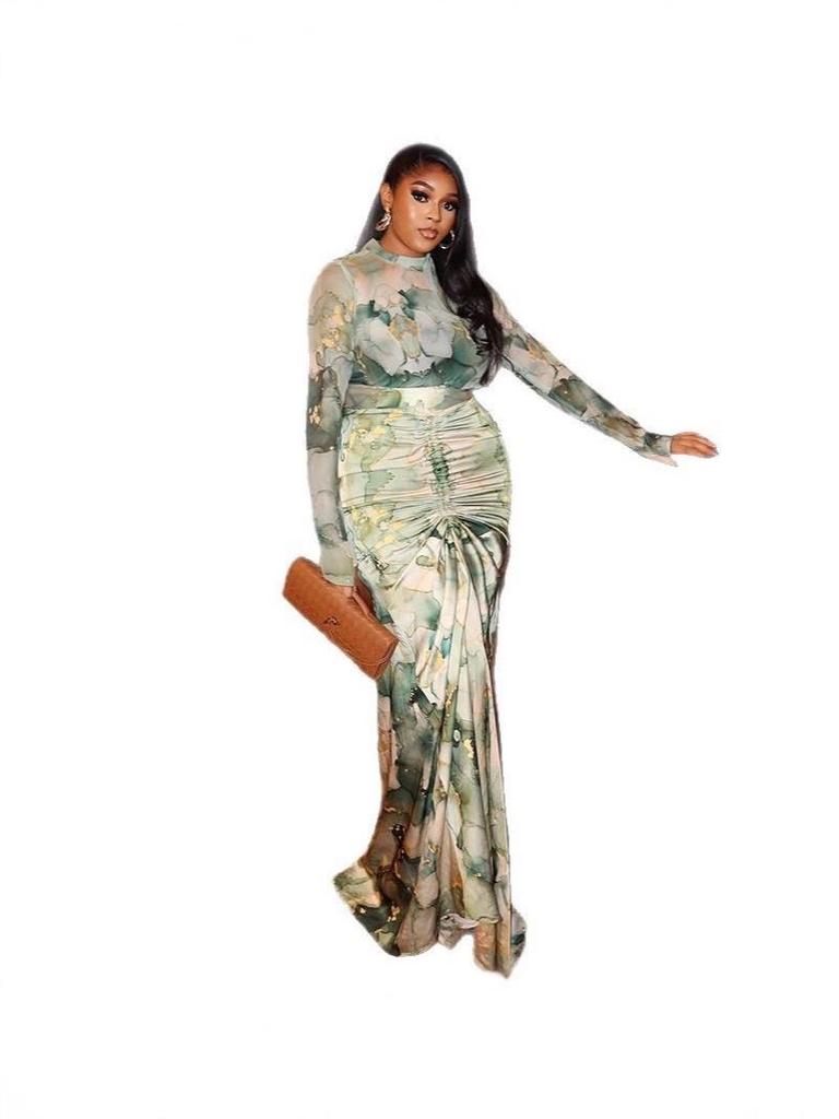 European Cross-Border Print Slim-Fit Skirt Suit: Mesh Long Skirt & High Neck Top - Trendy Casual Commuter Women's Two-Piece
