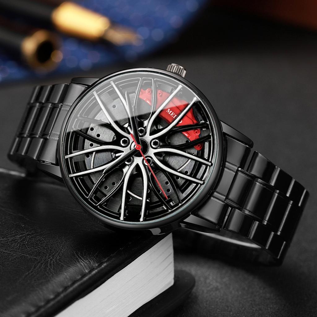 2PCS Men Business Watches Fashion 3D Car Wheel Dial Men Sports Watch Stainless Steel Band Analog Quartz Watch Set