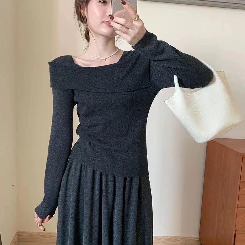 Sweet Temperament Off-Shoulder Knit Top - Women's 2025 Autumn/Winter Korean Style Slimming Base Shirt
