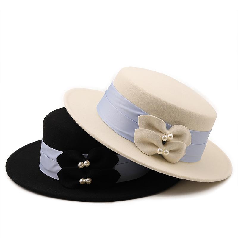 Herbst und Winter Japanische Wolle Wollflachkappe Perlen Schleife Dekoration Damen Retro Flache Kante Wollhut Mode Filzhut