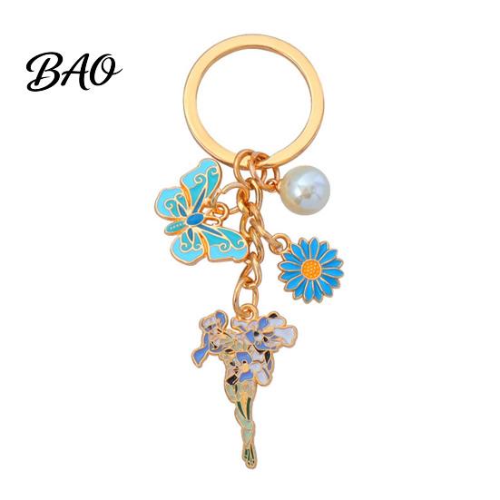 Keychain Pendant with Round Imitation Pearls, Flower Butterfly Enamel Charm Multi-color Key Ring, Pastoral Style Layered Holder Strong Chain Keyring