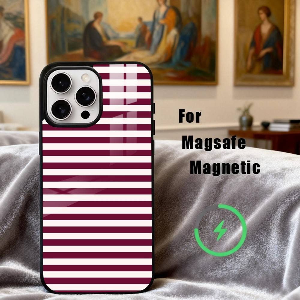 B-Burgundy W-White Stripe Phone Case For iPhone17,16,15,14,13,12,11 Plus,Pro Max Magnetic For Magsafe Wireless Charging