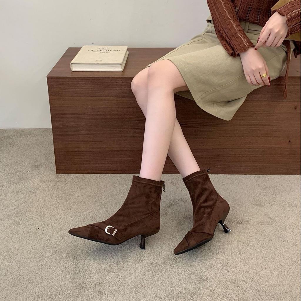 Pointed high-heeled thin short boots autumn temperament belt buckle suede elastic short boots women's boots