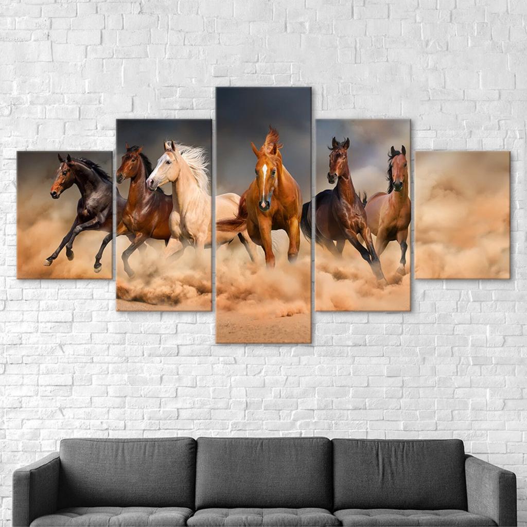 Horses Galloping Running Scene 5 Piece Five Panel Wall Canvas Print Modern Art Poster Picture Home Decor Gift For Him For Her