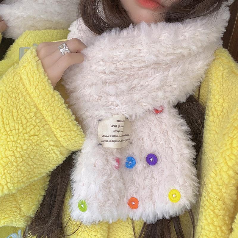 Wool Hat Color Button Fluffy Warm Knitted Hat Cute Fresh Autumn and Winter Versatile Cold Proof Scarf Trendy