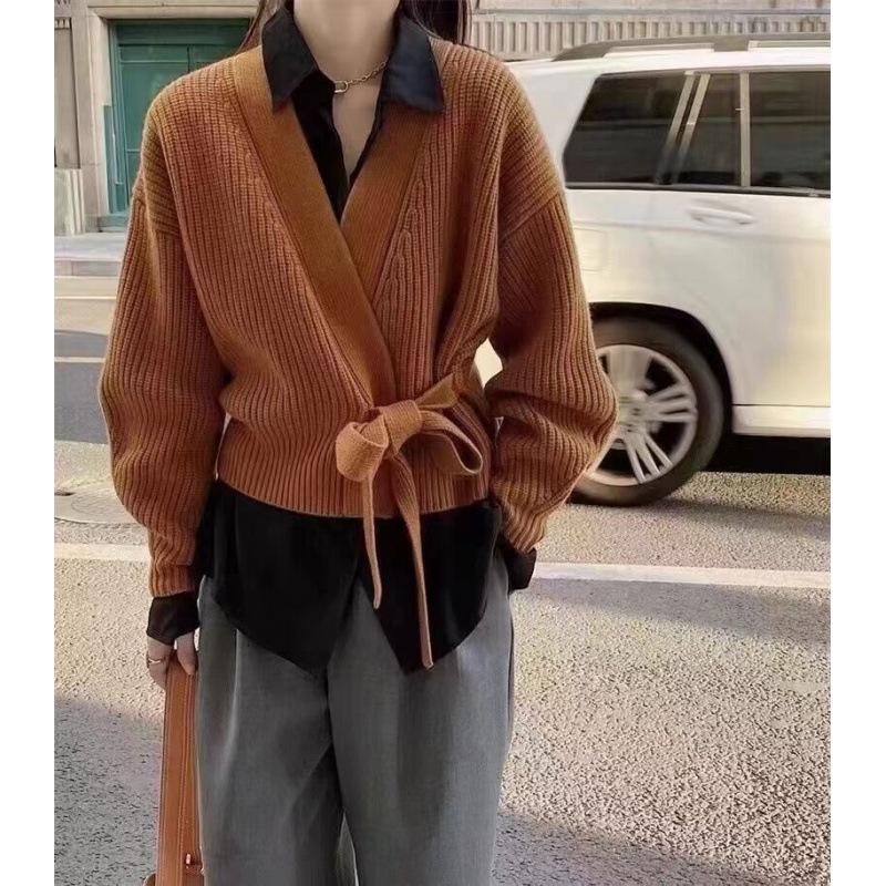 Advanced Sweater Knitwear Women Knitted Cardigan Fall Winter Tie V-neck Sweet Short Long-sleeved Knitted Tops