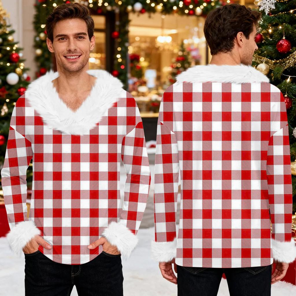 Men's Christmas Printed Fleece Lined Hoodie | Faux Trim Party Sweatshirt With Pocket | Plus Size Loose Fit Holiday Pullover