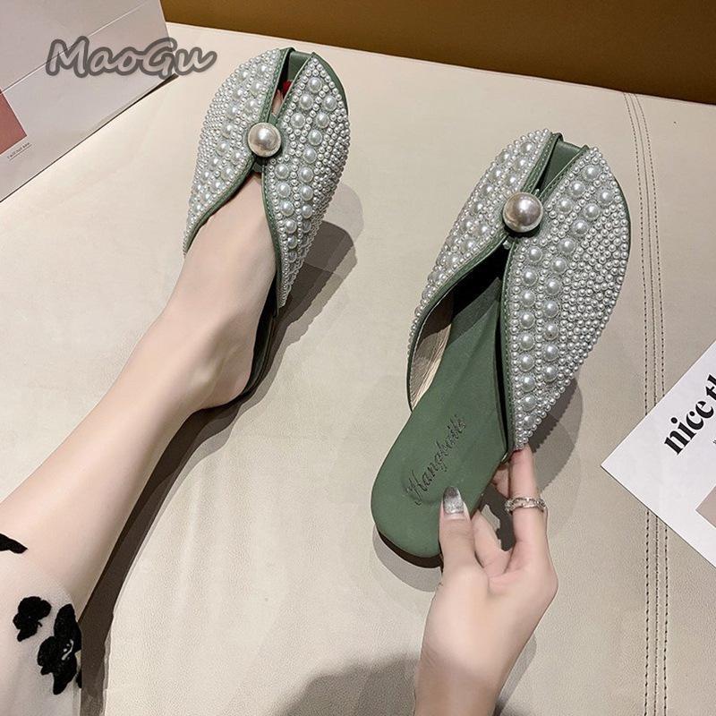 Fashion 2025 Women Summer Fashion Footwear Pearl Fairy Style Flat Soft Bottom Mules Slip On Cover Toe Slides Zapatos De Mujer Size36-40