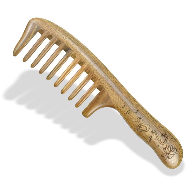 Sandalwood Green Coarse & Fine Tooth Large Curling Comb with Engraved Design