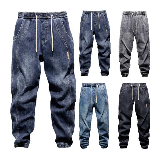 Harem Jeans mit Bein Bindungen Taschen Elastische Taille Verstellbare Kordelzüge Männer
