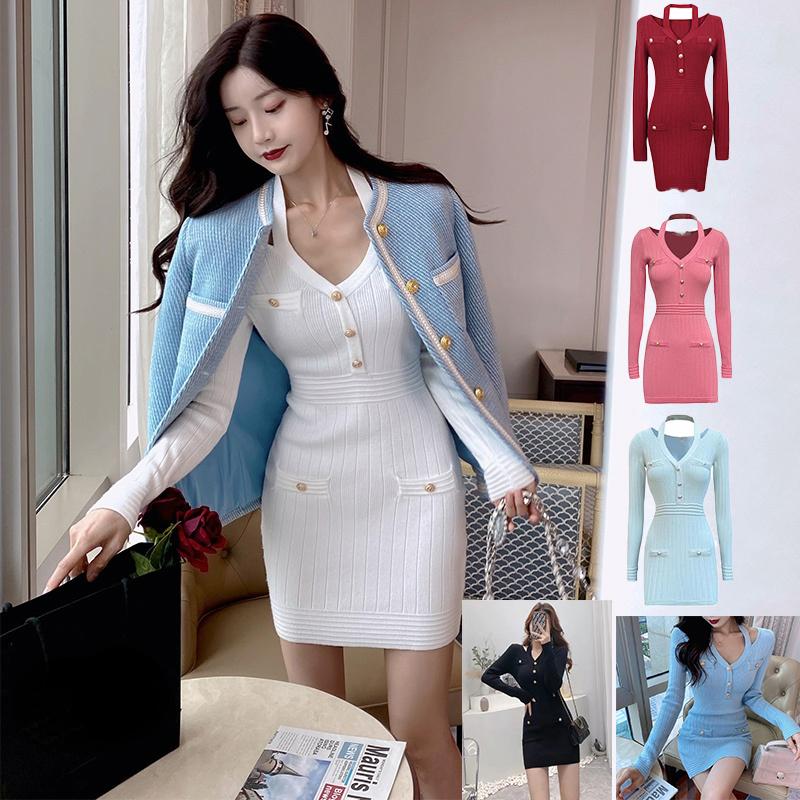 Buy Ladies Knitted Sweater V-neck Long Sleeve Waist Slim-fit Hip Knit ...