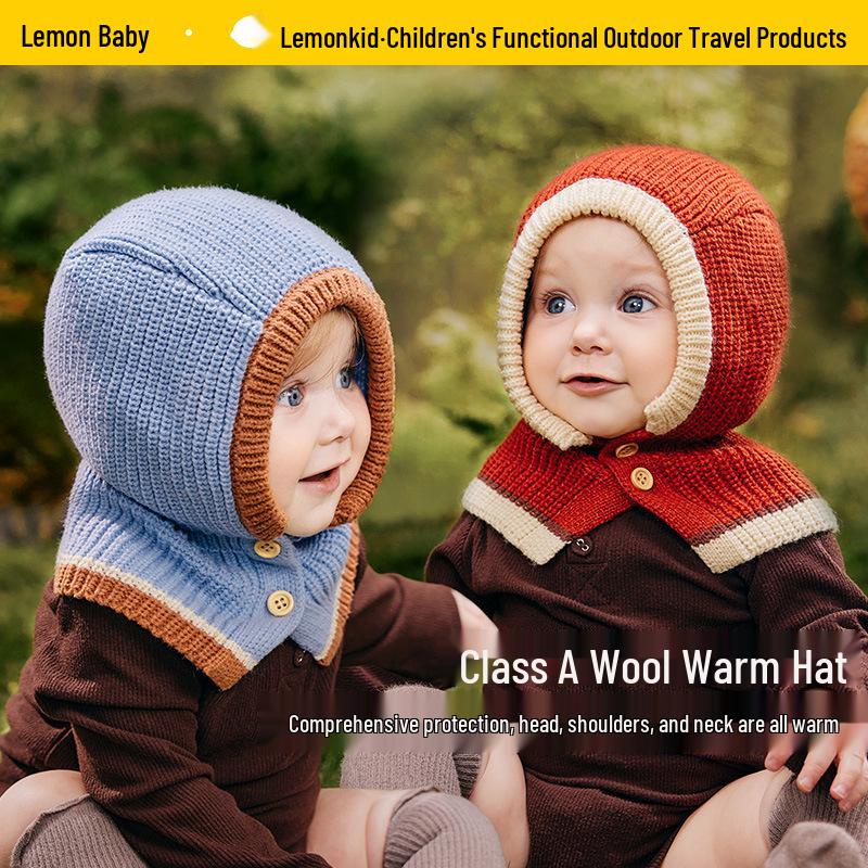 Lemon Baby Wool Knit Hat & Shawl Set - Warm, Windproof Autumn/Winter Infant Cap