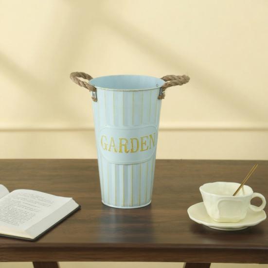 Deep Bucket Vase Galvanized Iron Flower Bucket with Rope Handles Retro Farmhouse Vase for Home Flower Arrangement