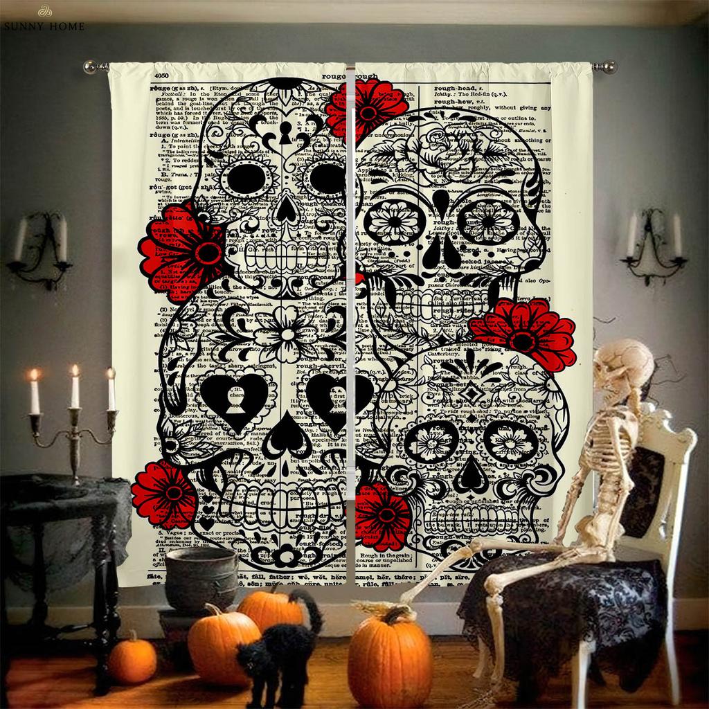 Floral Skull 3D Printed Curtains High Quality Black Silk Heat Insulation Blackout Curtains Bedroom Study Living Room Curtains
