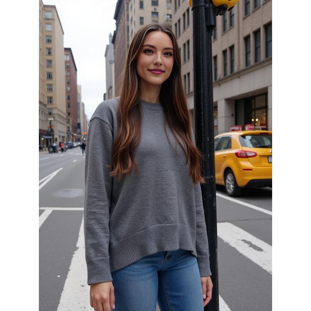 Women Round Neck Loose Knit Sweater, Autumn Winter Casual Soft Pullover Jumper for Ladies