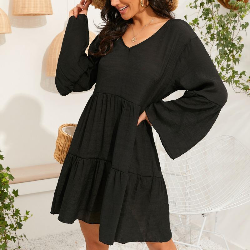 New Black Chiffon Medium and Long Horn Sleeves Fashionable Black Ruffle Edge Beach Bikini Blouse