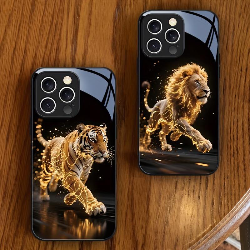 Laufender Löwe Hartglas Handyhülle geeignet für iPhone 17 16 15 14 13 12 11 Pro/Max/Plus Sturzfest und stoßfest Rückseite