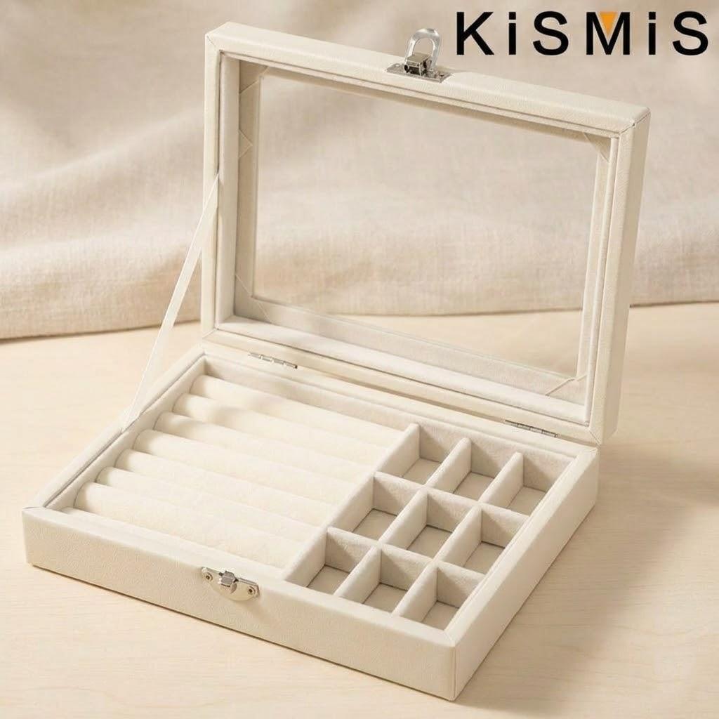 

Velvet Jewelry Organizer Box with Clear Lid Dustproof Storage Tray for Rings and Earrings Perfect for Multiple Jewelry Pieces бежевый