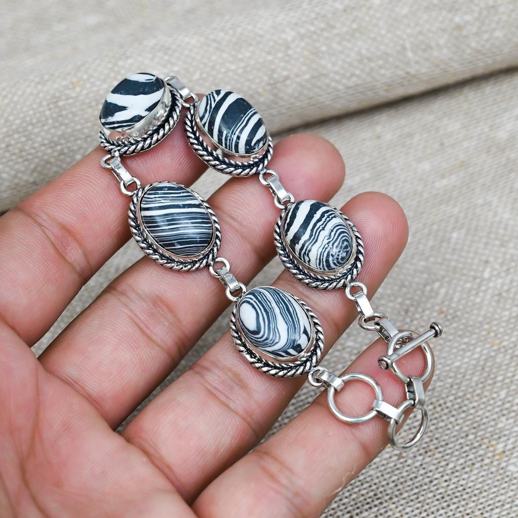 Zebra Jasper Gemstone Handmade 925 Solid Sterling Silver Jewelry Exquisite Bracelet For Women