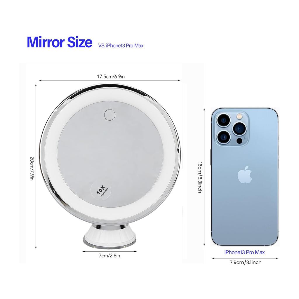 Portable 10X Magnifying Makeup Mirror with 3 Colors Lights Cosmetic Mirror with Suction Cup Brightness Dimmable 360° Rotation