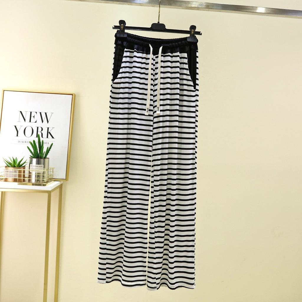 Women Modal Striped Wide Leg Pants Thin Loose Straight Trousers With Pockets High Drape Casual Sleepwear Pants Plus Size Summer Loungewear