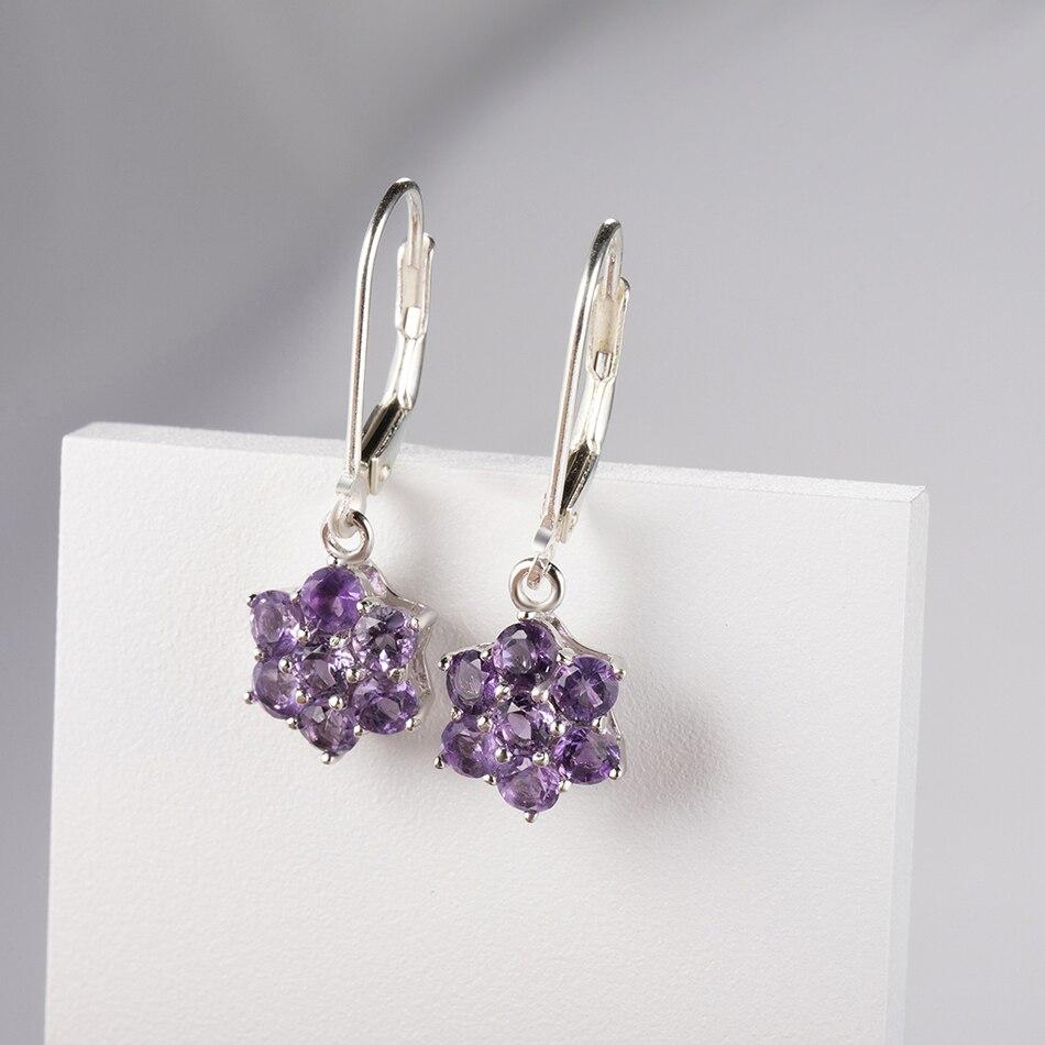 925 Sterling Silver Round Amethyst Natural Gemstone Purple Flowers Dangle Earrings Clip Trend Birthday Gifts Fine Jewelry