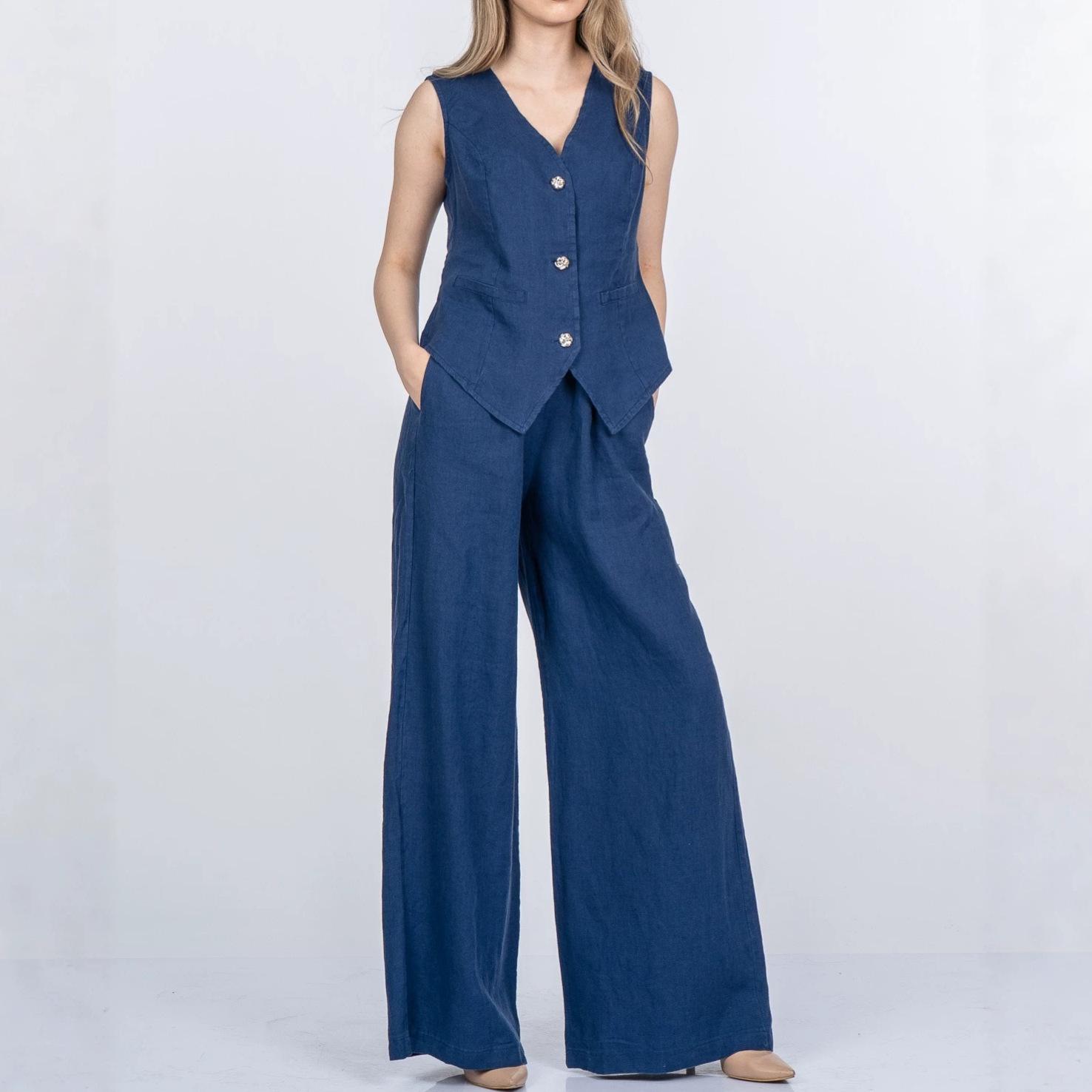 Amazon Women s Summer New V-Neck Sleeveless Slim Top High Waist Pocket Wide Leg Pants Commuter Suit XS тёмно-синий