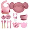 Momcbebe Baby Feeding Set 10-Piece Silicone Suction Bowl Sippy Cup Bib Spoon Fork BPA Free Soft Durable Easy Clean Pink