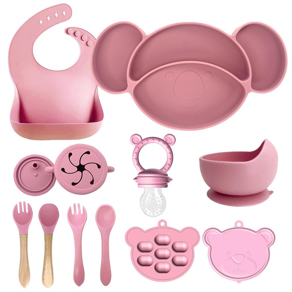 Momcbebe Baby Feeding Set 10-Piece Silicone Suction Bowl Sippy Cup Bib Spoon Fork BPA Free Soft Durable Easy Clean Pink