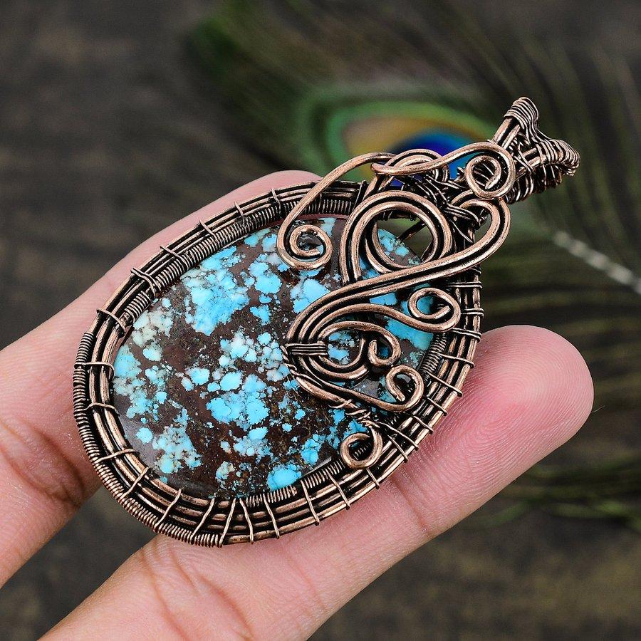 Tibetan Turquoise Gemstone Copper Wire Wrap Jewelry Pendant 2.96