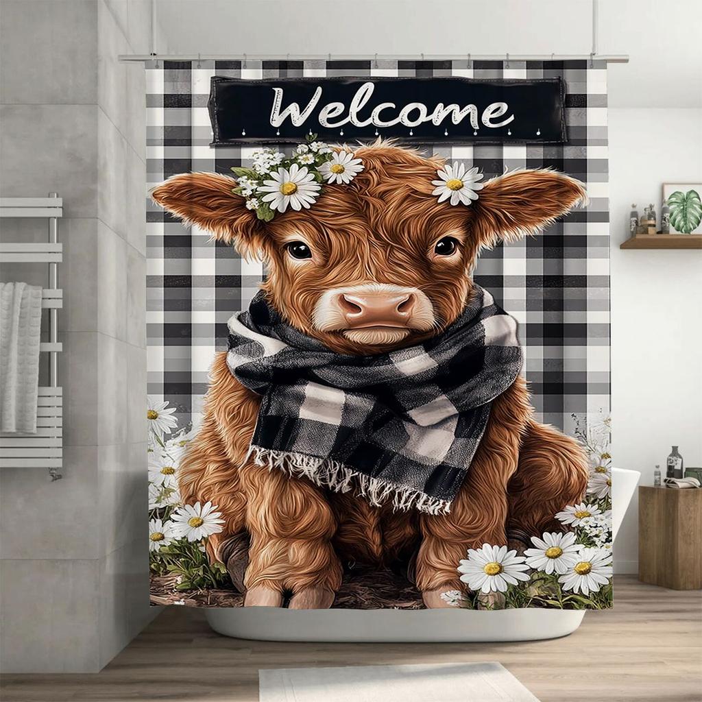 Welcome Highland Cow Waterproof Shower Curtain Heat Resistant Machine Washable Non-Transparent 180x180cm