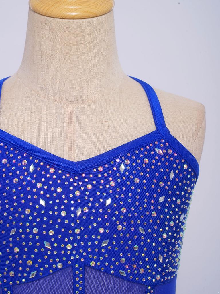 Sukienka na występ w tańcach latynoamerykańskich i tango dla dziewczynek: Strojowy body z naszywkami z dżetów i siateczką, z wielopoziomowym frędzlem